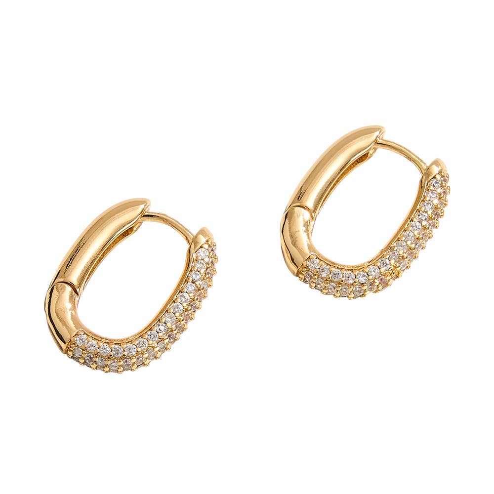 14K Gold Dipped CZ Stone Paved Oval Huggie Hoop Earrings