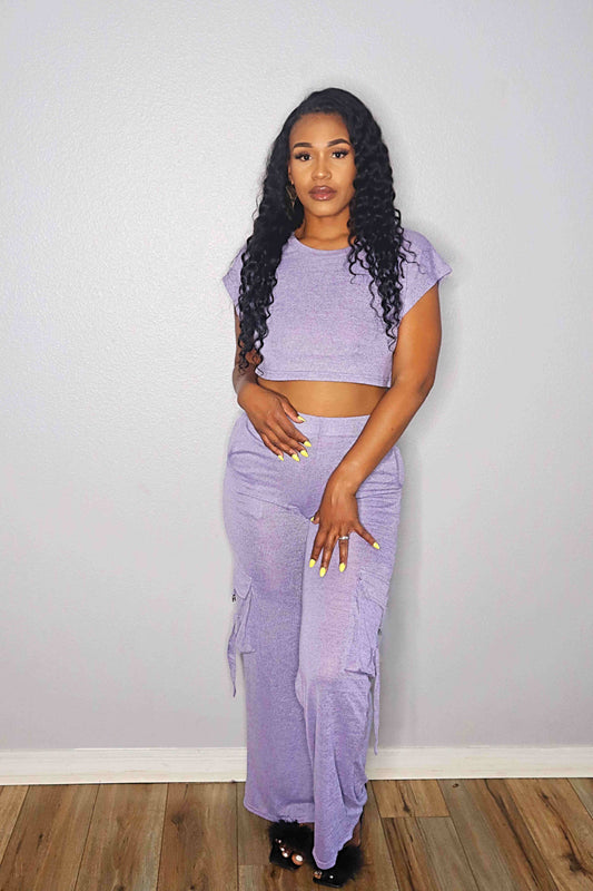 Lavender Crop Top Pants Set with Pockets