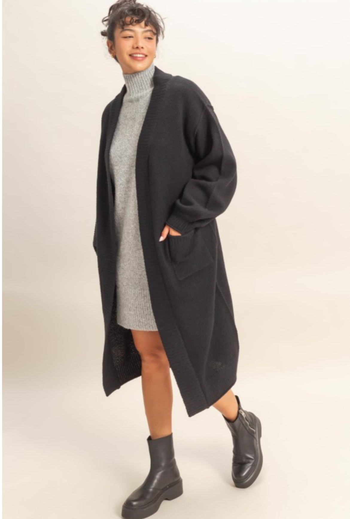 Long Open Front Knit Cardigan